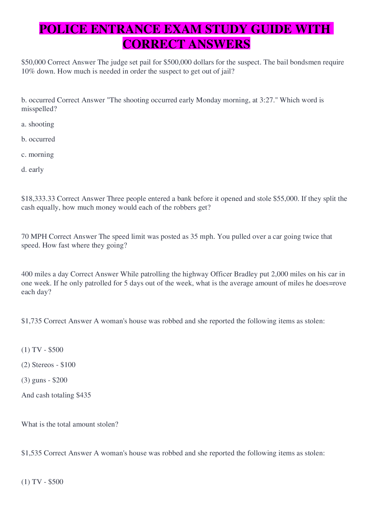 Preview image for POLICE ENTRANCE EXAM STUDY GUIDE WITH CORRECT ANSWERS